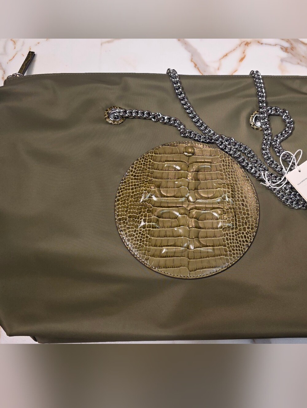 TORY BURCH-Ella Large Tote-Croc Leather Logo Chain Strap Zip Top Khaki Green